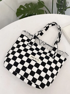 Checkerboard Canvas Tote Bag With White Lace Trim Korean Style Portable Handbag For Women Daily Travel Use
