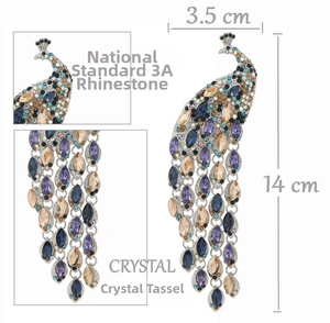 Peacock brooch detail showing 14cm long crystal tassels and colorful rhinestone inlay