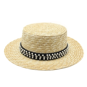 Chapeau Boater Femmes Paille Naturelle Bord Large Protection Solaire Künstliche Perle Strass Ruban Élégant Été Plage