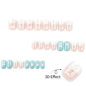 3D floral white gradient press-on nails with blue and pink glitters 24pcs set