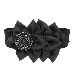Women's black elastic wide waist belt featuring a large 3D fabric flower and beads