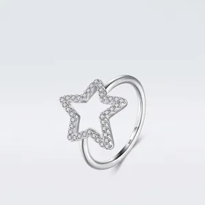 S925 Sterling Silver Hollow Star Ring For Women Minimalist Micro Pave Zirconia Finger Ring Elegant Korean Fashion Jewelry