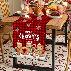 Christmas table runner with red black buffalo plaid and gingerbread man design