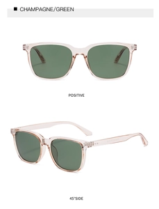 Square champagne sunglasses with green lenses shown in front and 45-degree side views