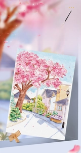 Detail of finished cherry blossom watercolor painting on mini wooden display easel