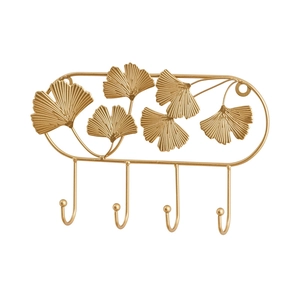Golden iron wall hook featuring ginkgo leaves with four hooks on a white background