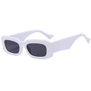 Retro white thick frame square sunglasses with black lenses shown from a side front angle