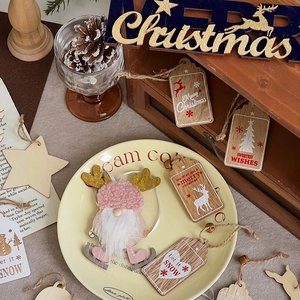 Christmas wooden hanging ornaments with reindeer designs and plush gnomes for tree decor