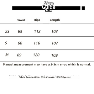 Detailed size chart for wide leg sweatpants with fabric composition in English