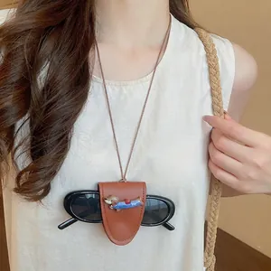 Brown leather dachshund eyeglass holder necklace with 3D cartoon dog detail accessory