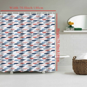 Waterproof shower curtain featuring red and blue fish patterns with 180x180cm size dimensions