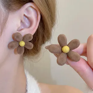 S925 silver needle acrylic flocked flower earrings in vintage brown and yellow