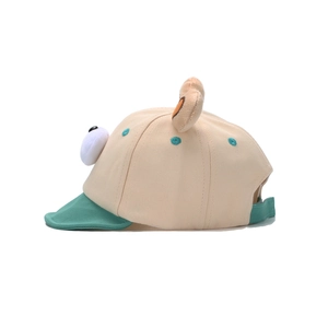 Cute beige baby baseball cap with green brim and plush 3D bear ears and nose