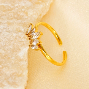 Minimalist gold open ring for women with five marquise-cut zircons and polished finish