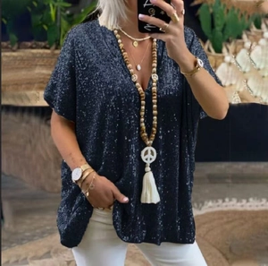 Top da donna blu scuro con paillettes, scollo a V, vestibilità ampia e stile urbano