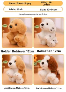 Detailed view of four types of mini plush puppy keychains including Dalmatian and Golden Retriever