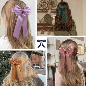 Multi-layer satin ribbon bow hair clips for women in various colors worn on hairstyles