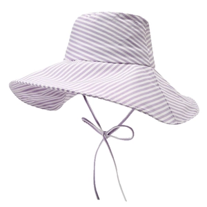 Purple and white striped wide-brim sun hat with adjustable windproof drawstring strap