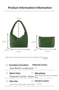 Size chart showing hand-woven PU leather tote and inner bag dimensions with annotations
