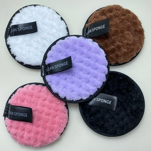 Five-piece set of colorful round microfiber face sponges with clean sponge labels
