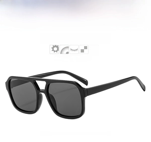 Detail view of square black sunglasses with UV400 protection and polarized lens feature