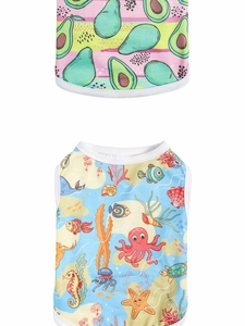 Detailed view of lightweight pet vests with colorful sea animal prints and summer stripes