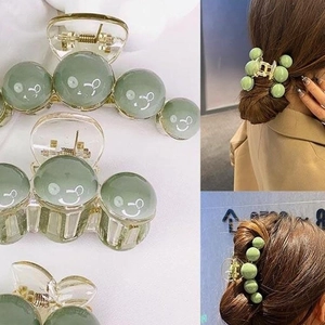 Elegant green round pearl hair claw clip set showing detail views and model hairstyle look