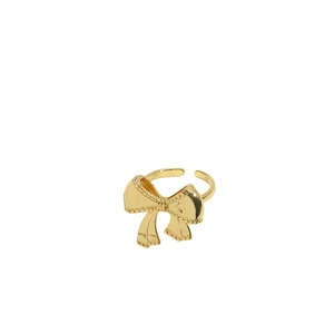 Minimalist golden bow knot open ring with an adjustable band on a white background