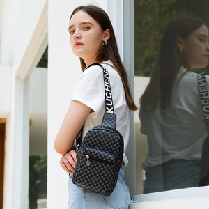 Fashionable black and grey checkered crossbody chest bag with wide Kuchen letter strap