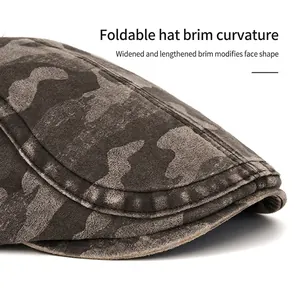 Vintage camouflage flat cap with wide bendable brim for face contouring effects