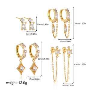 Detailed sizing chart for gold tassel earrings with cubic zirconia stones and measurements