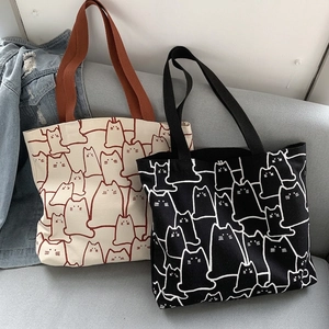 Japanese style large canvas tote bag with cute cat print in black and off-white colors