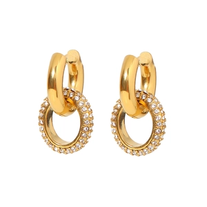 Elegant gold-tone titanium steel interlocking double hoop earrings with pavé rhinestones