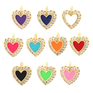18K gold plated copper heart pendants with micro-paved zircons in ten vibrant enamel colors