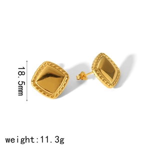 Square gold stainless steel stud earrings with woven texture and 18.5mm outer diameter