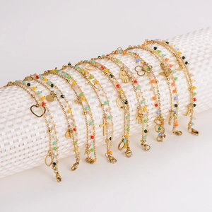 Double Layer Bracelet 304 Stainless Steel 18K Gold Plated Colorful Beads Heart Moon Hamsa Hand Charm Bohemian Jewelry For Women