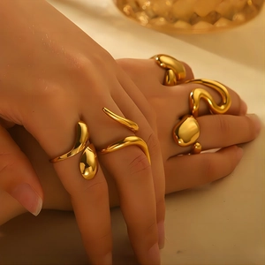 Golden snake-shaped stainless steel open rings with irregular geometric design for women