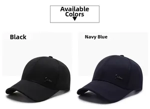 Detail view of classic baseball caps in black and navy blue with metal logo accent