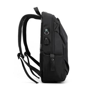 Men's black business backpack with side USB port and breathable shoulder straps