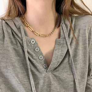 Detail of gold-plated titanium necklace with mixed paperclip and Cuban link chains