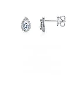 Detailed view of pear-cut moissanite halo stud earrings in 925 sterling silver