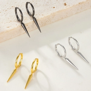 S925 Sterling silver long rivet spike hoop earrings in black, gold, and silver finishes