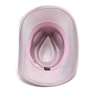 Internal view of pink glitter cowboy hat featuring the sweatband and material label