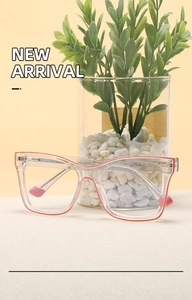 Detail shot of stylish transparent large frame glasses with red accents and inner temple logo