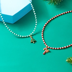 Handmade Christmas beaded necklace set featuring a festive Xmas tree and candy cane pendant
