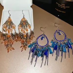 Vintage bohemian drop chain earrings with luxury crystal tassels in warm and cool tones