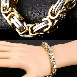 Macro detail and on-wrist view of two-tone Byzantine chain bracelet in stainless steel