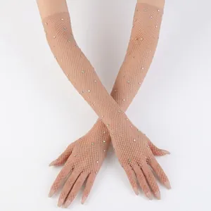 Elegant nude long fishnet gloves with rhinestones reaching above the elbow length