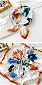 Detailed views of square silk scarf featuring abstract floral prints and contrast piping