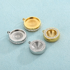 Stainless Steel Round Pendant Base Trays With Rhinestones For DIY Jewelry Making Accessories Gold Silver Colors